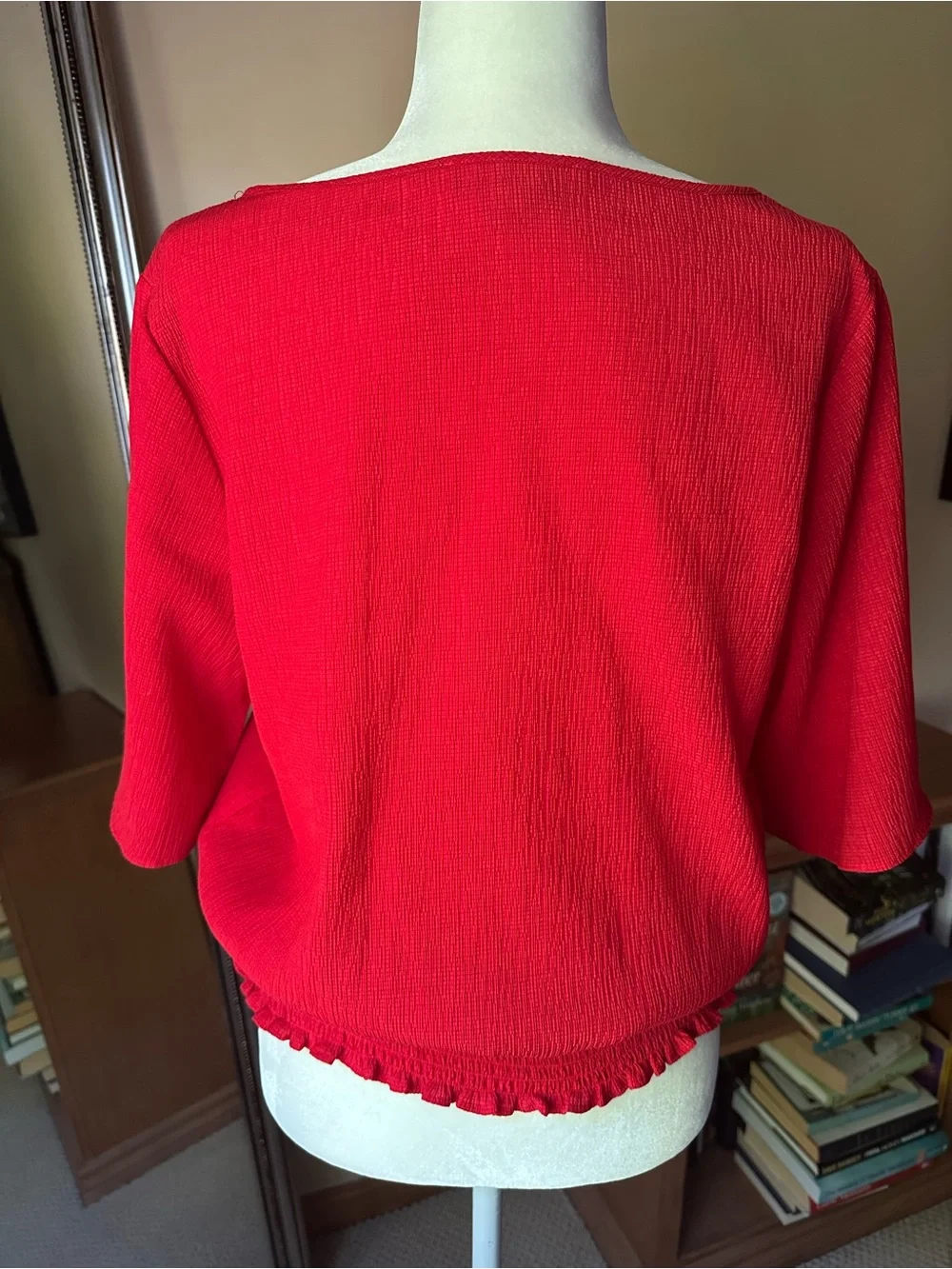 Michael Kors Red Smocked‎ Waist Blouse Size M Textured Short Sleeve Boat Neck⁠